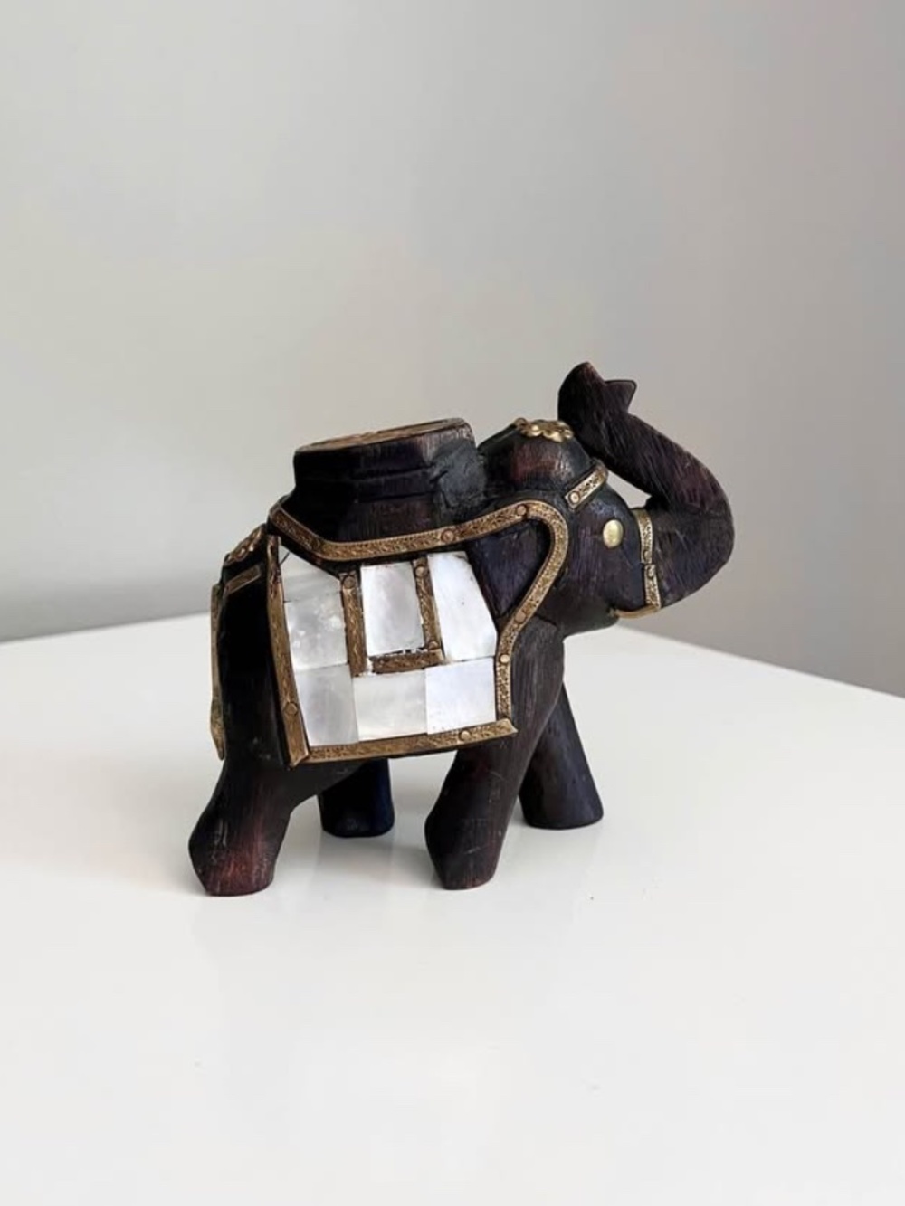 Vintage Wood Carved Elephant with Brass Mother of Pearl Boho Shelf Decor Safari
